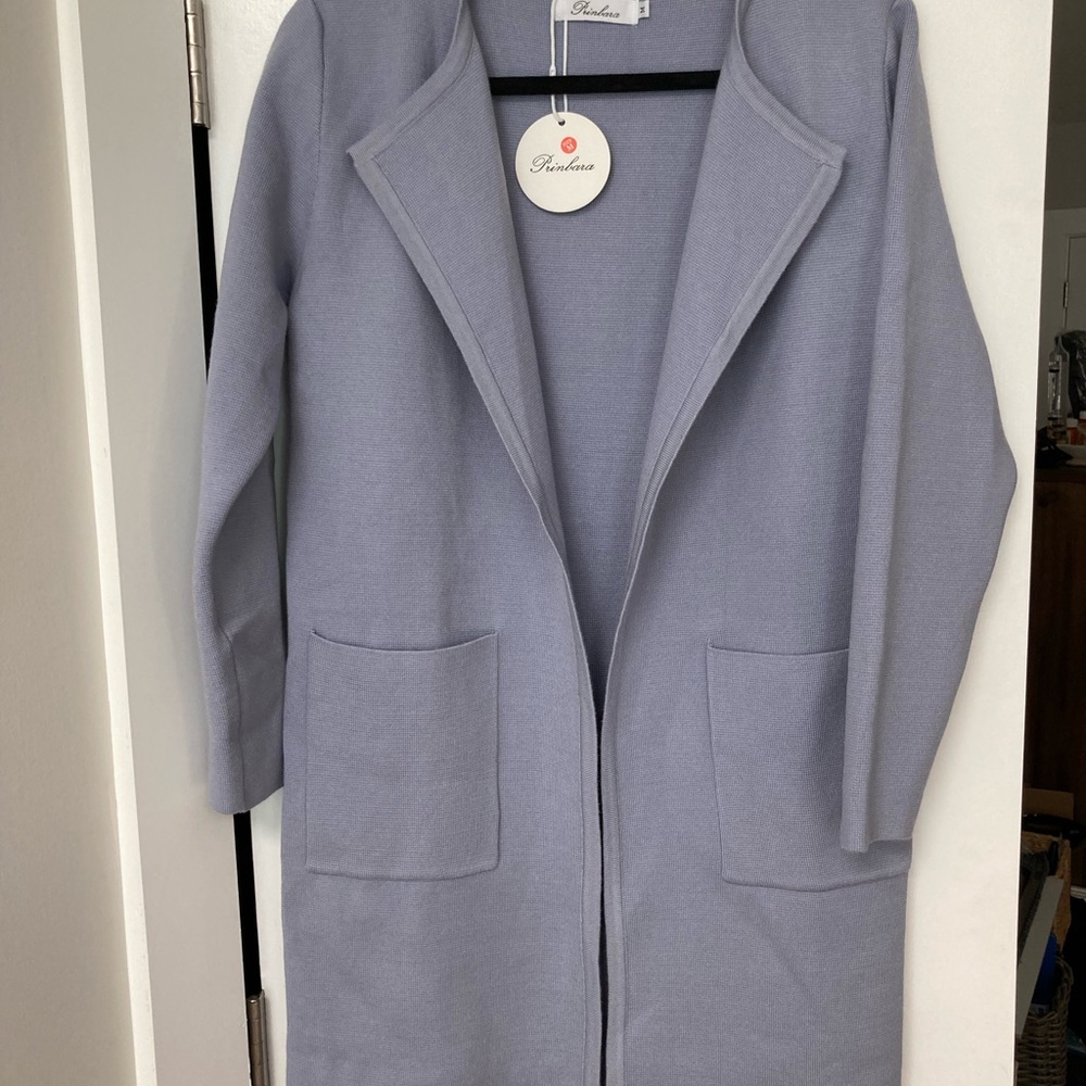 Prinbara women’s Sz M open front long cardigan purplish blue NWT